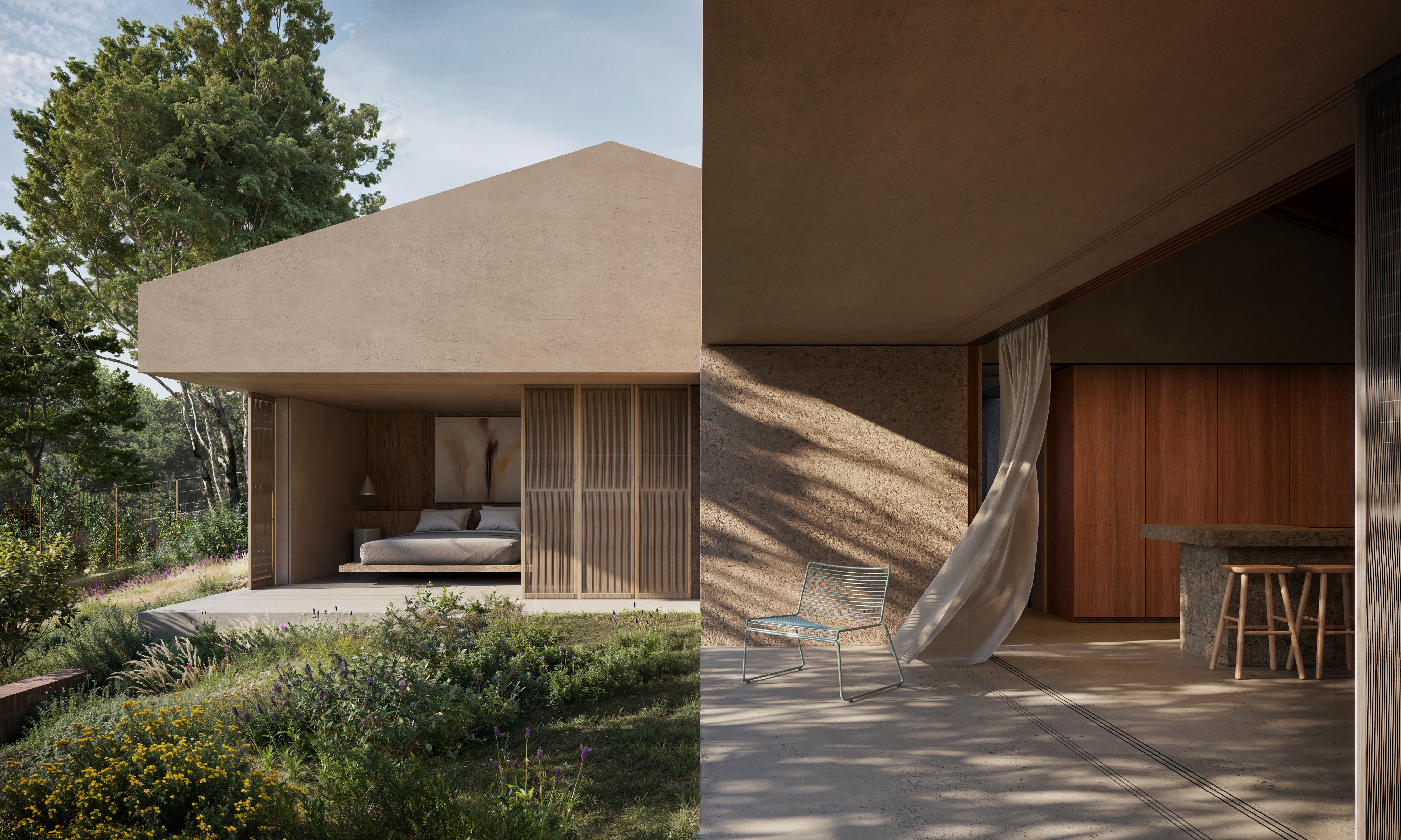 Casa d'arquitectura mediterrània a Girona amb coberta inclinada, habitació i porxo oberts al jardí.