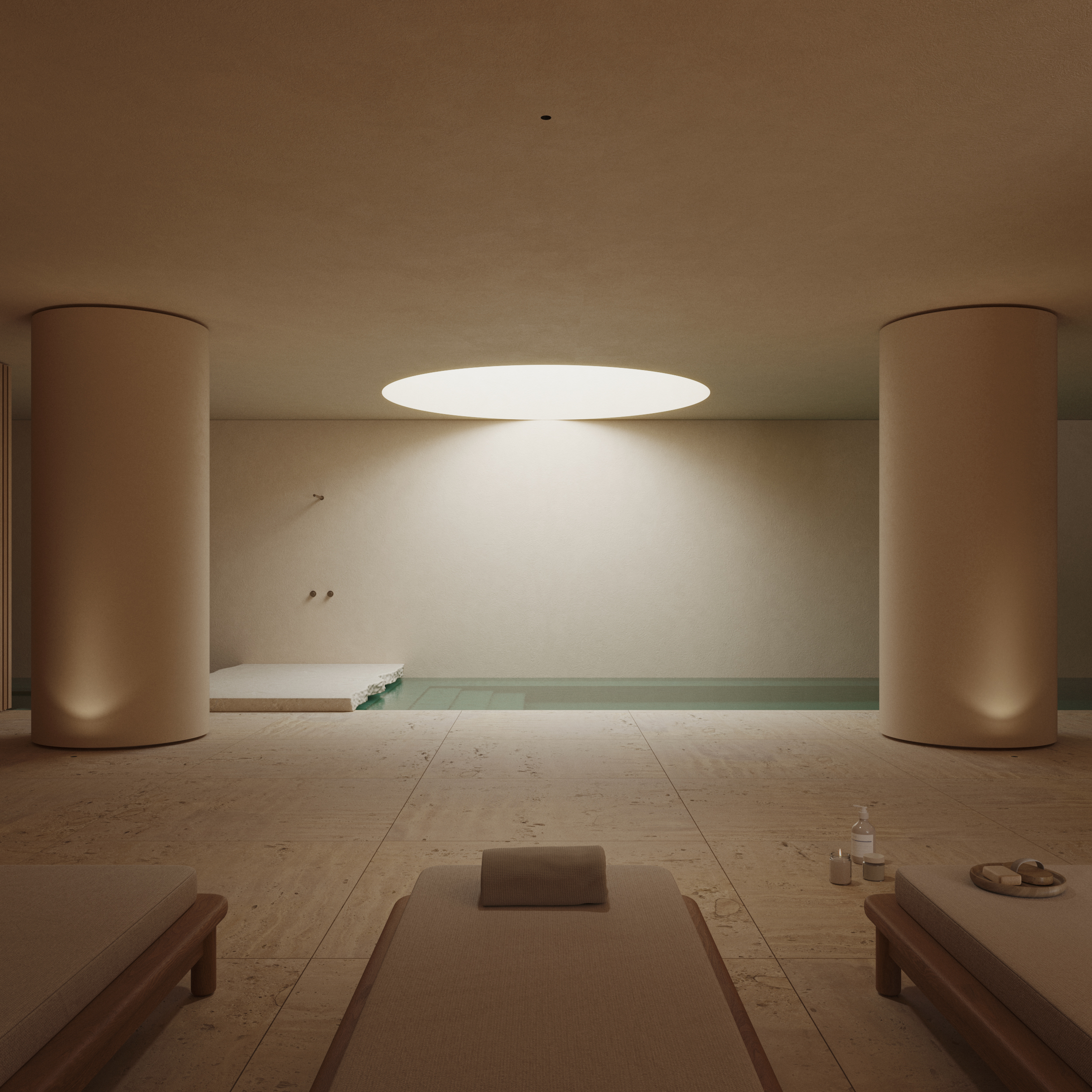 Interior d'un SPA d'hotel reformat al Maresme per a [Nom del teu Despatx]. Disseny arquitectònic minimalista amb llum zenital, tons càlids i materials naturals per a la zona d'aigües.