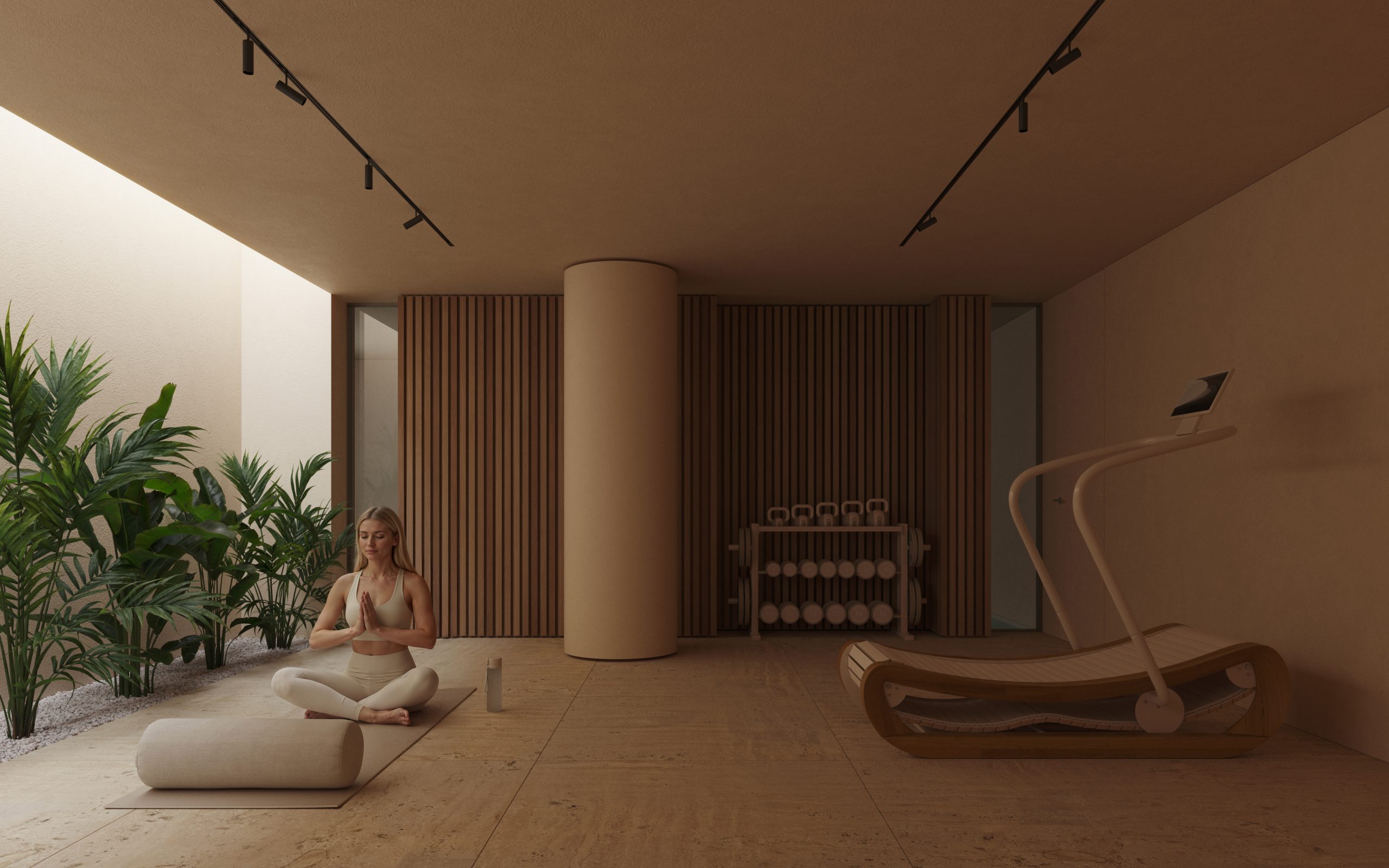 Interior d'un SPA d'hotel reformat al Maresme per a [Nom del teu Despatx]. Disseny arquitectònic minimalista amb llum zenital, tons càlids i materials naturals per a la zona d'aigües.