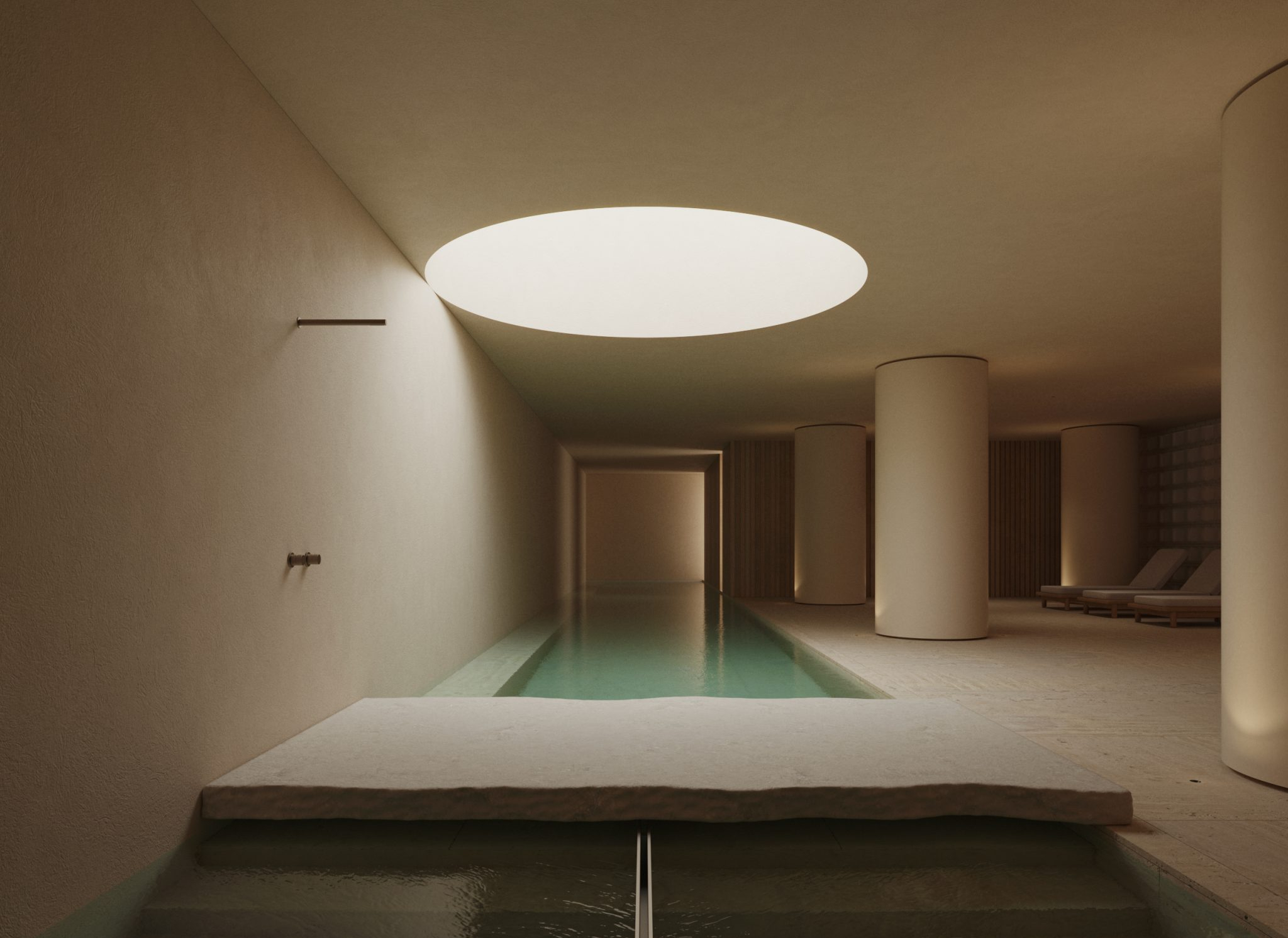 Interior d'un SPA d'hotel reformat al Maresme per a [Nom del teu Despatx]. Disseny arquitectònic minimalista amb llum zenital, tons càlids i materials naturals per a la zona d'aigües.