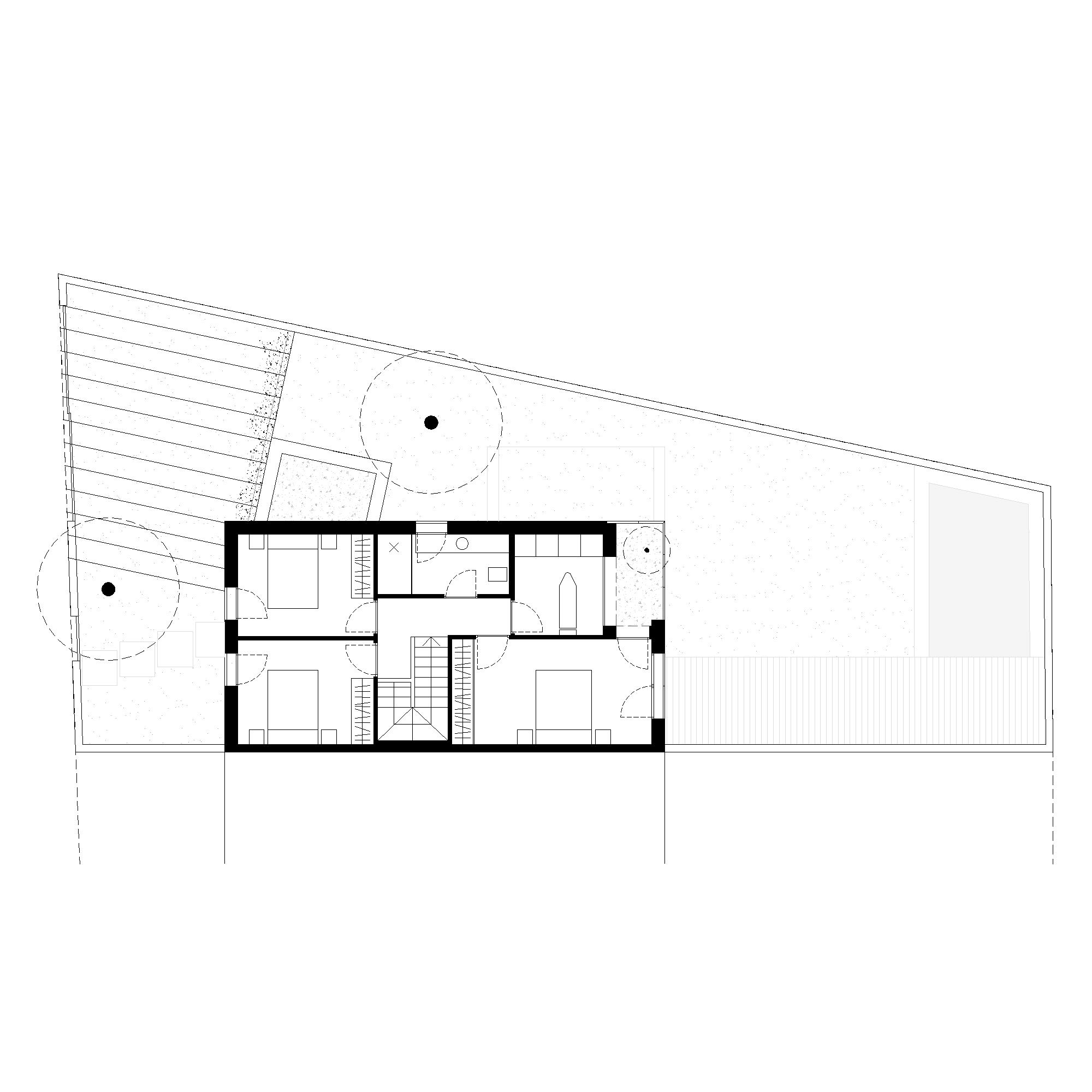 Distribució en planta de l'habitatge c2532 dissenyat per Crit Arquitectura. Un disseny basat en la compacitat i l'eficiència energètica, destacant les obertures controlades que s'obren a l'exterior.